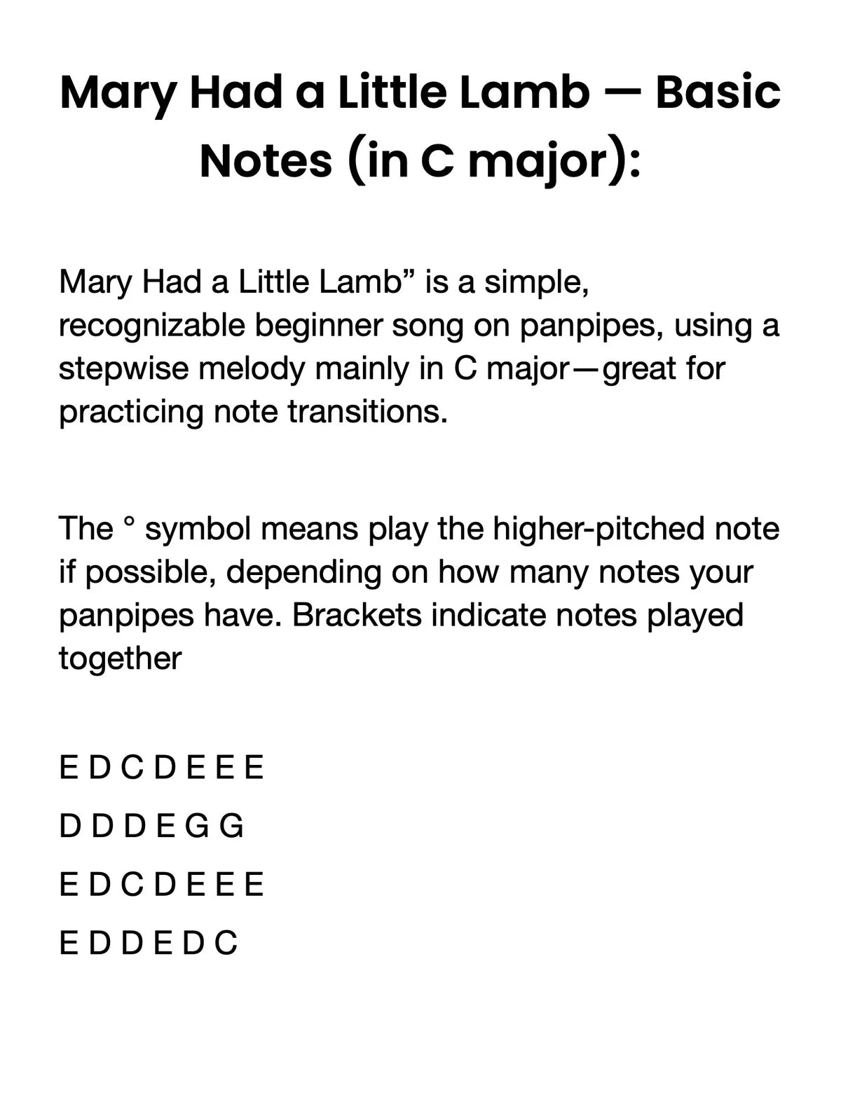 Sheet music for 'Mary Had a Little Lamb' in C major on a white background