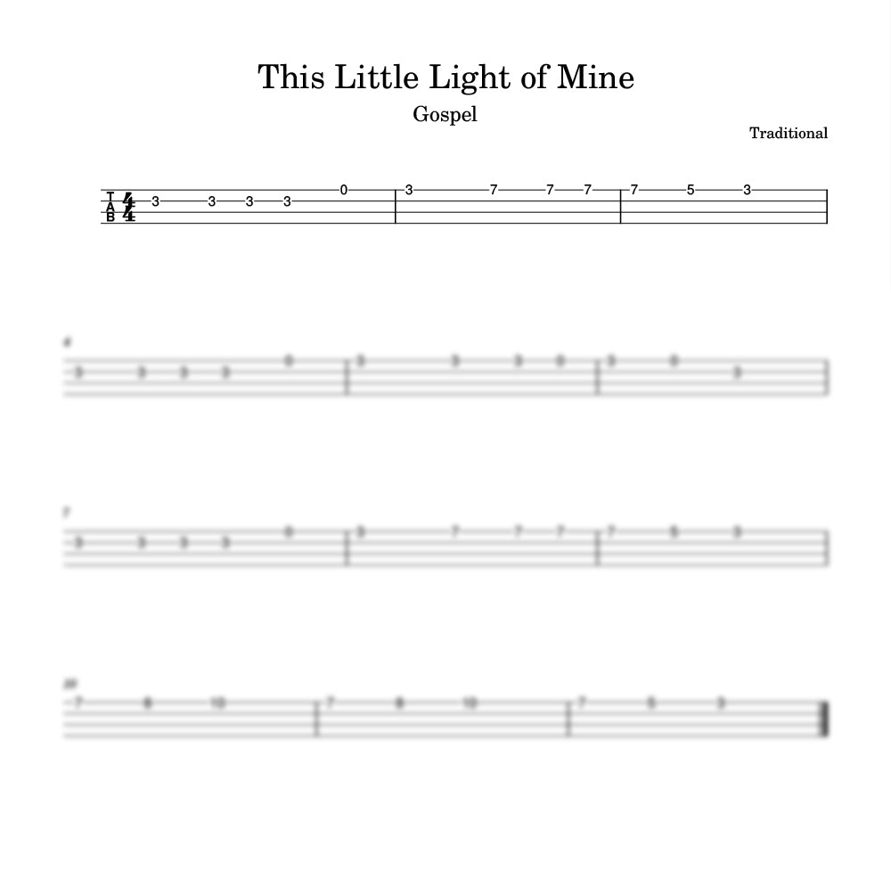 Music sheet for 'This Little Light of Mine' with guitar tab and notes.