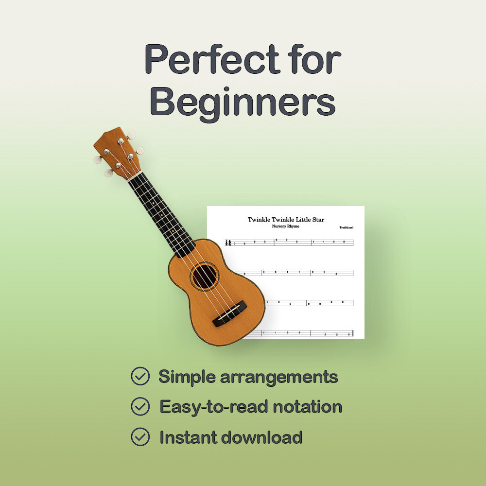 Ukulele with sheet music on a green background, labeled 'Perfect for Beginners'.