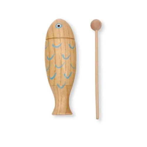 Wooden painted blue fish design tone block with beater