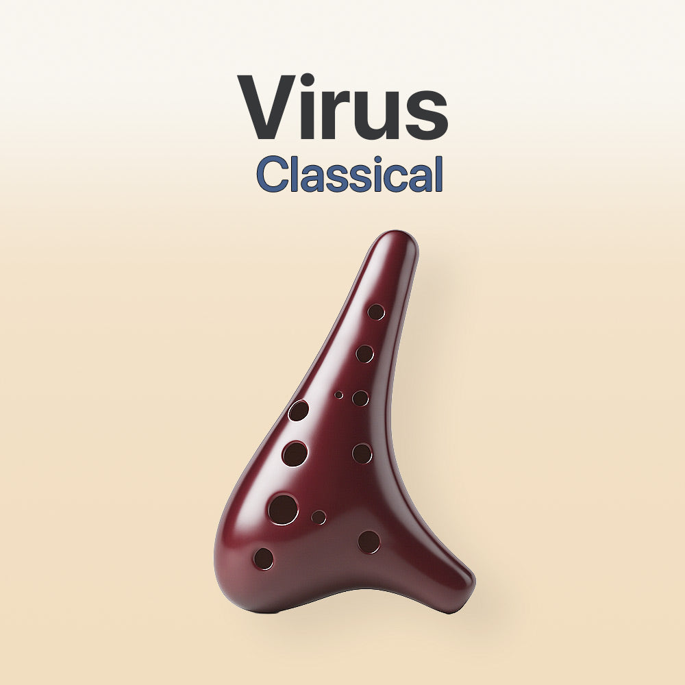 Red ocarina with 'Virus Classical' text on a beige background