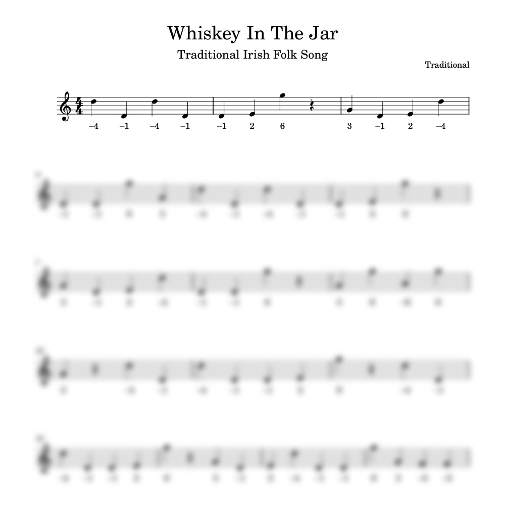 Sheet music for 'Whiskey In The Jar' with traditional Irish folk song title and composer credit.