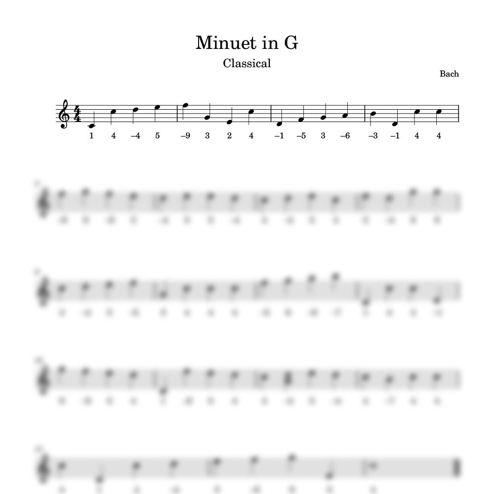 Sheet music for 'Minuet in G' by Bach with musical notation preview