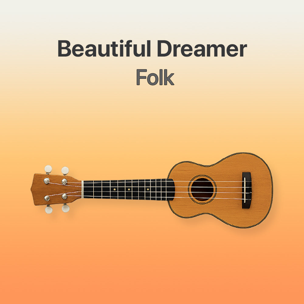 Wooden ukulele on a gradient background with 'Beautiful Dreamer Folk' text.