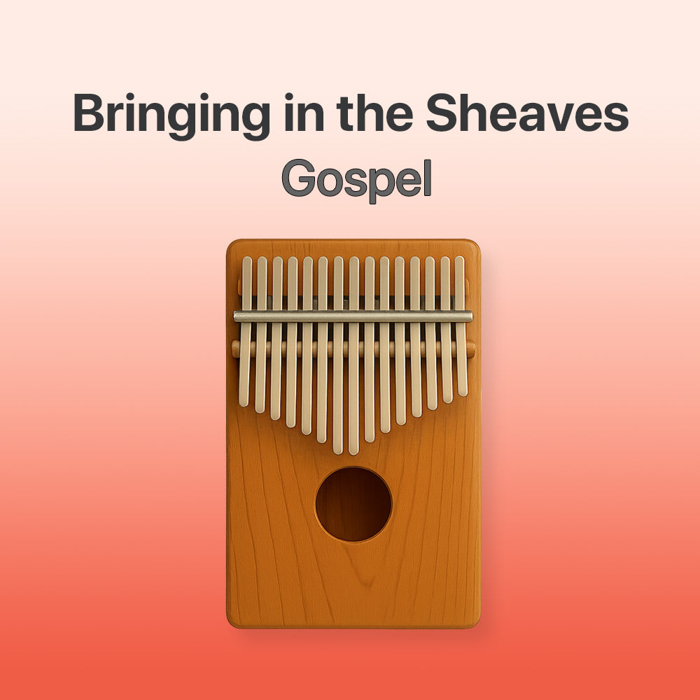 Wooden kalimba with metallic tines on a gradient background, featuring text 'Bringing in the Sheaves Gospel'.