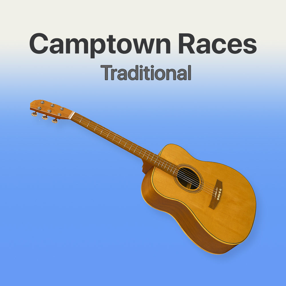 Acoustic guitar with 'Camptown Races Traditional' text on a blue background