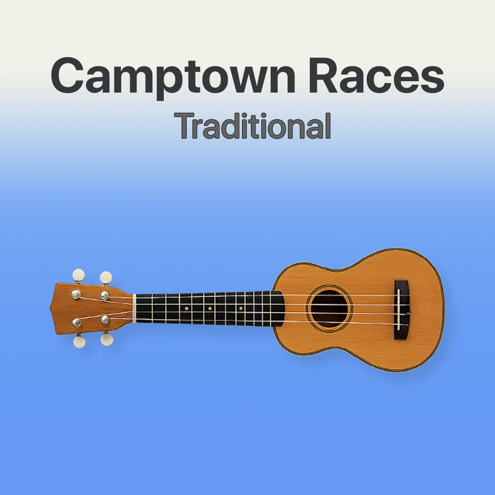 Wooden ukulele with 'Camptown Races Traditional' text on a blue background