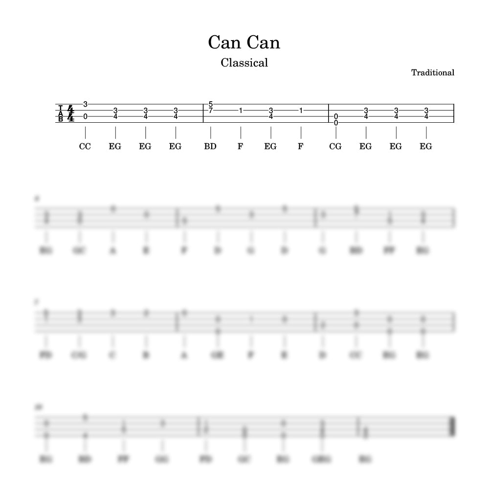 Music sheet for 'Can Can' with tablature and notes on a white background
