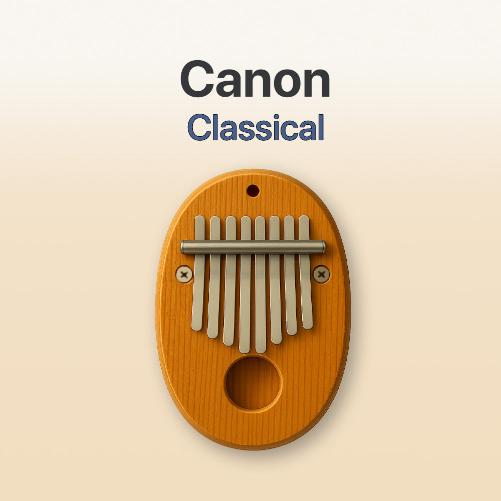 Wooden kalimba with metal tines on a beige background, featuring the 'Canon Classical' text.