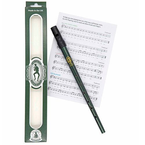 Green Celtic Irish tin whistle for flute players with sheet music and box.