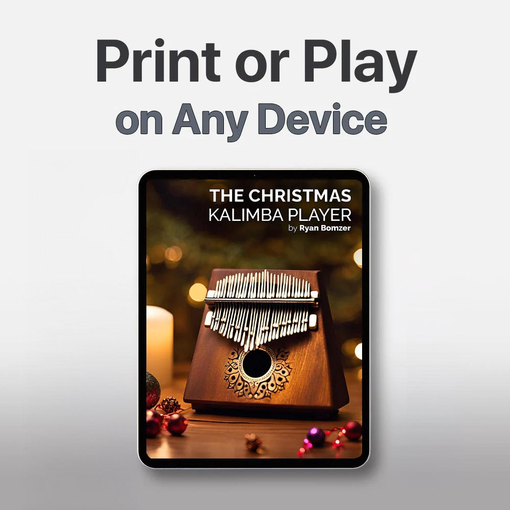 Digital product cover for 'The Christmas Kalimba Player' on a tablet and phone with festive background.