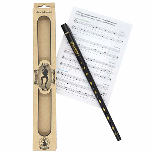 Black clark tin whistle with sheet music and case.