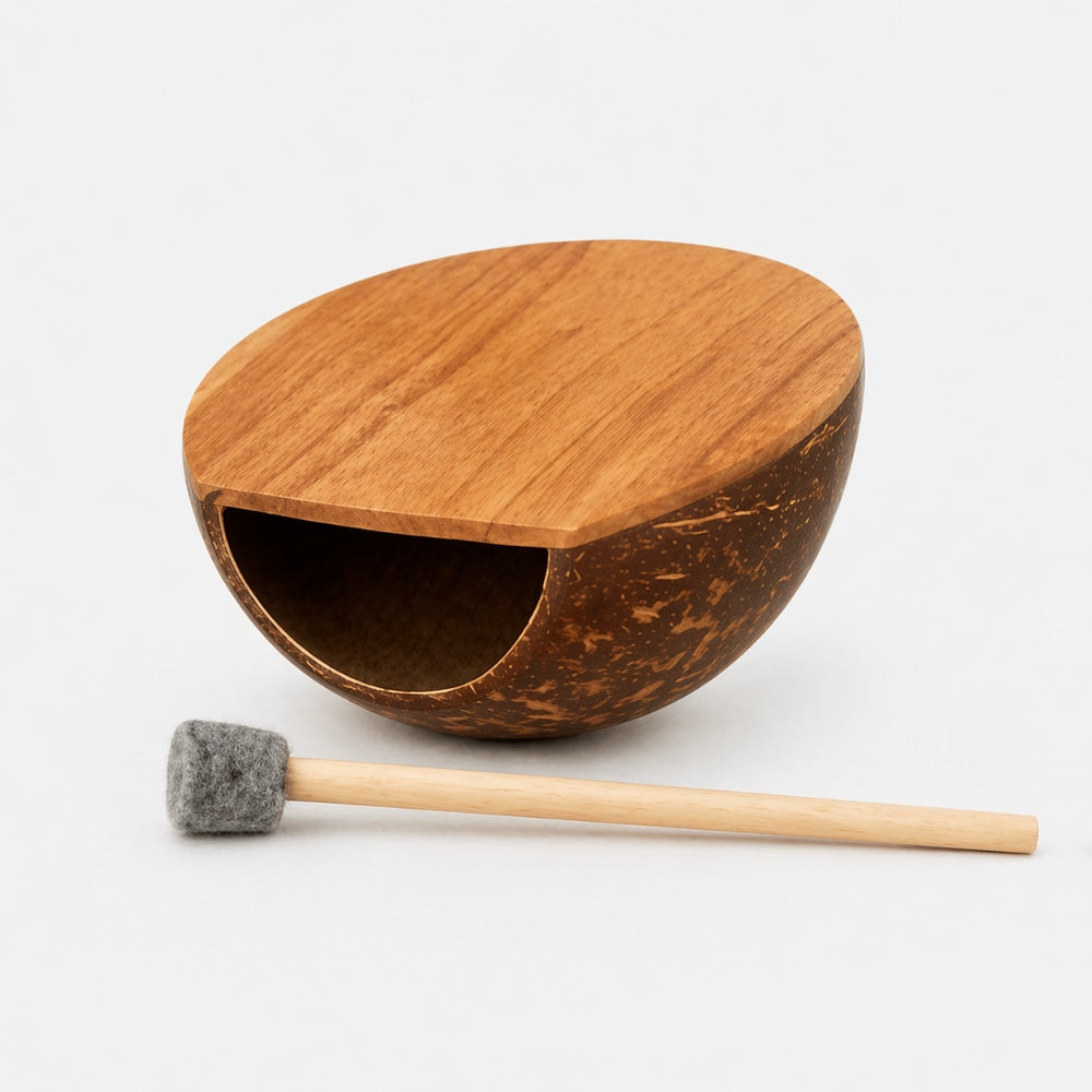 coconut and wood hand drum with mallet on grey background