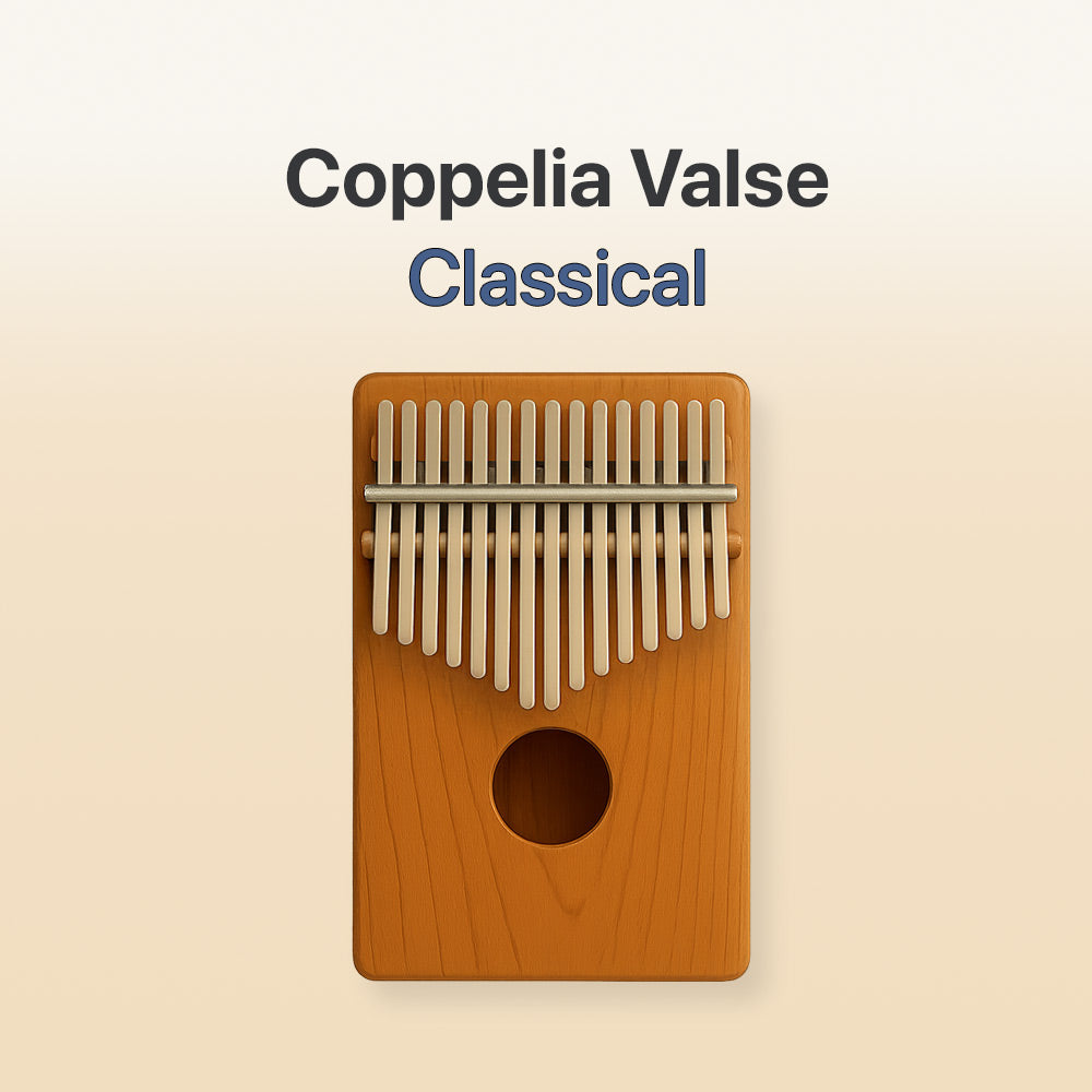 Wooden kalimba with metal tines on a beige background, labeled 'Coppelia Valse Classical'.