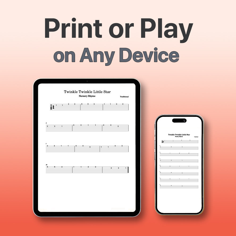 Digital sheet music displayed on a tablet and smartphone with 'Print or Play on Any Device' text.
