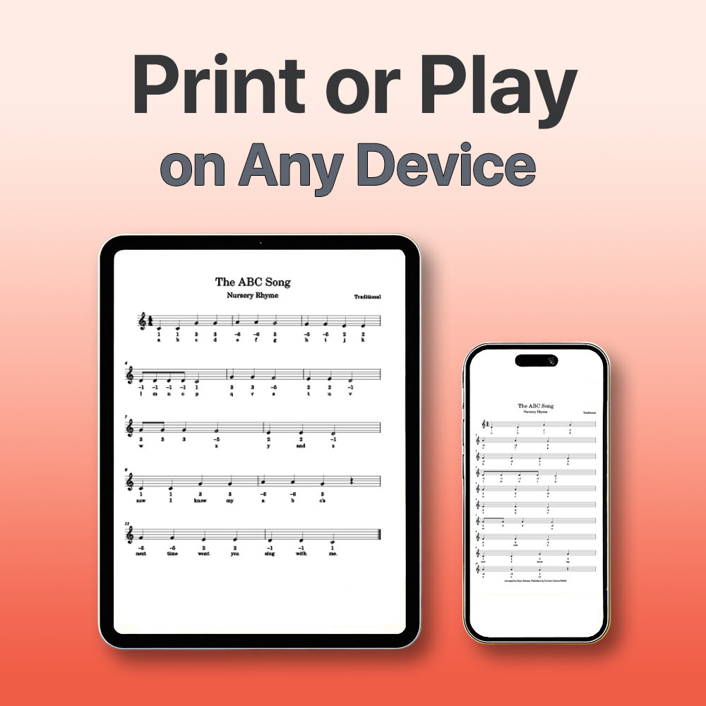 Digital sheet music displayed on a tablet and smartphone with text 'Print or Play on Any Device' on a gradient background.