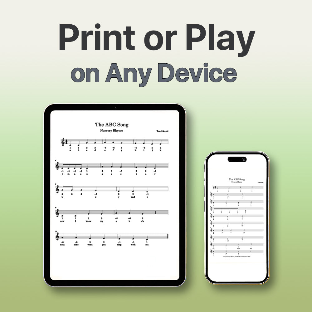 Sheet music displayed on a tablet and smartphone with text 'Print or Play on Any Device' on a green background.