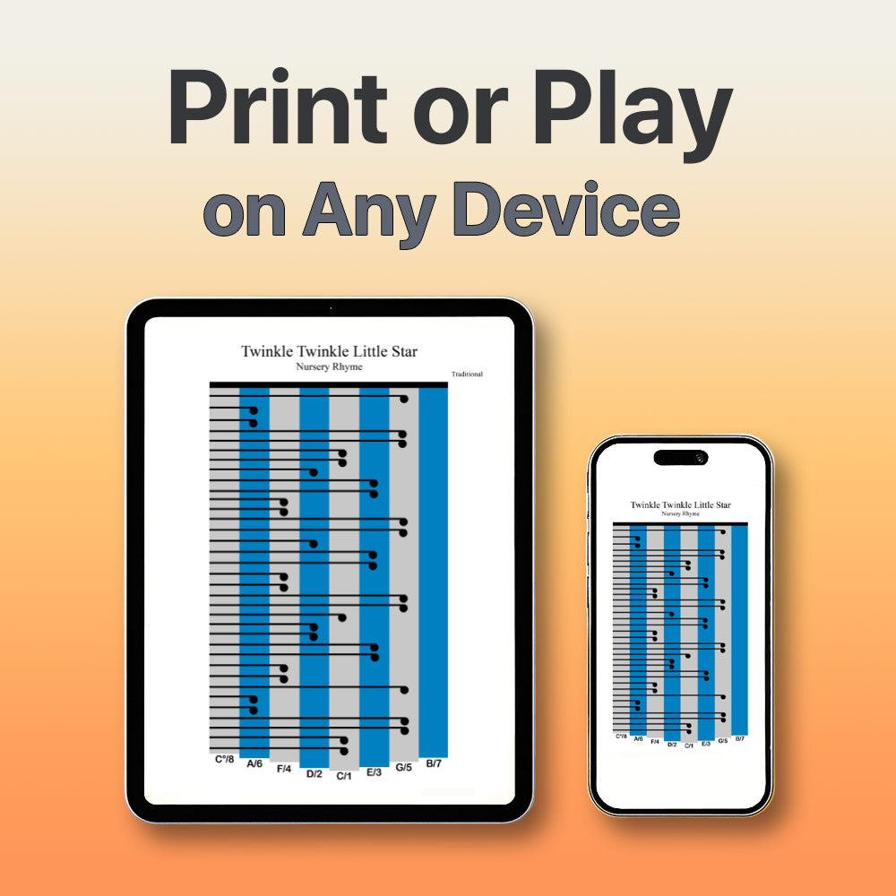Digital sheet music displayed on a tablet and smartphone with 'Print or Play on Any Device' text.