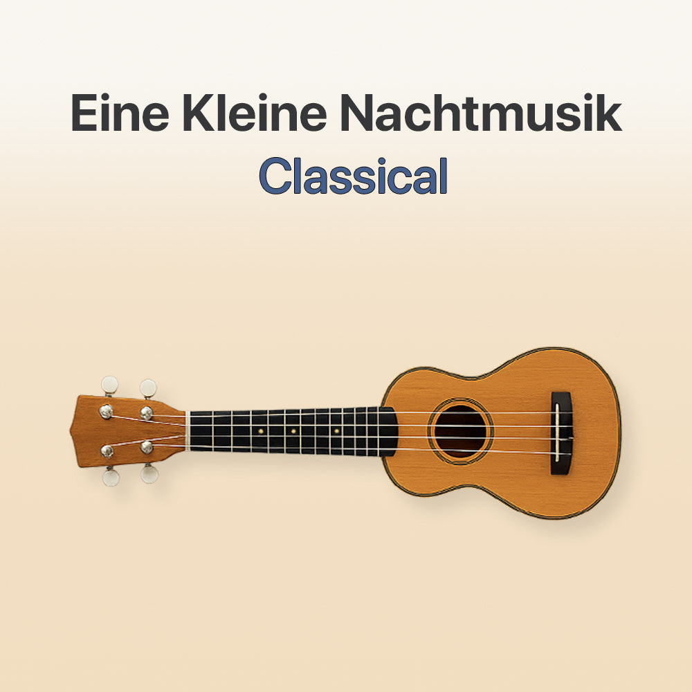 Wooden ukulele on a beige background with text 'Eine Kleine Nachtmusik Classical'.