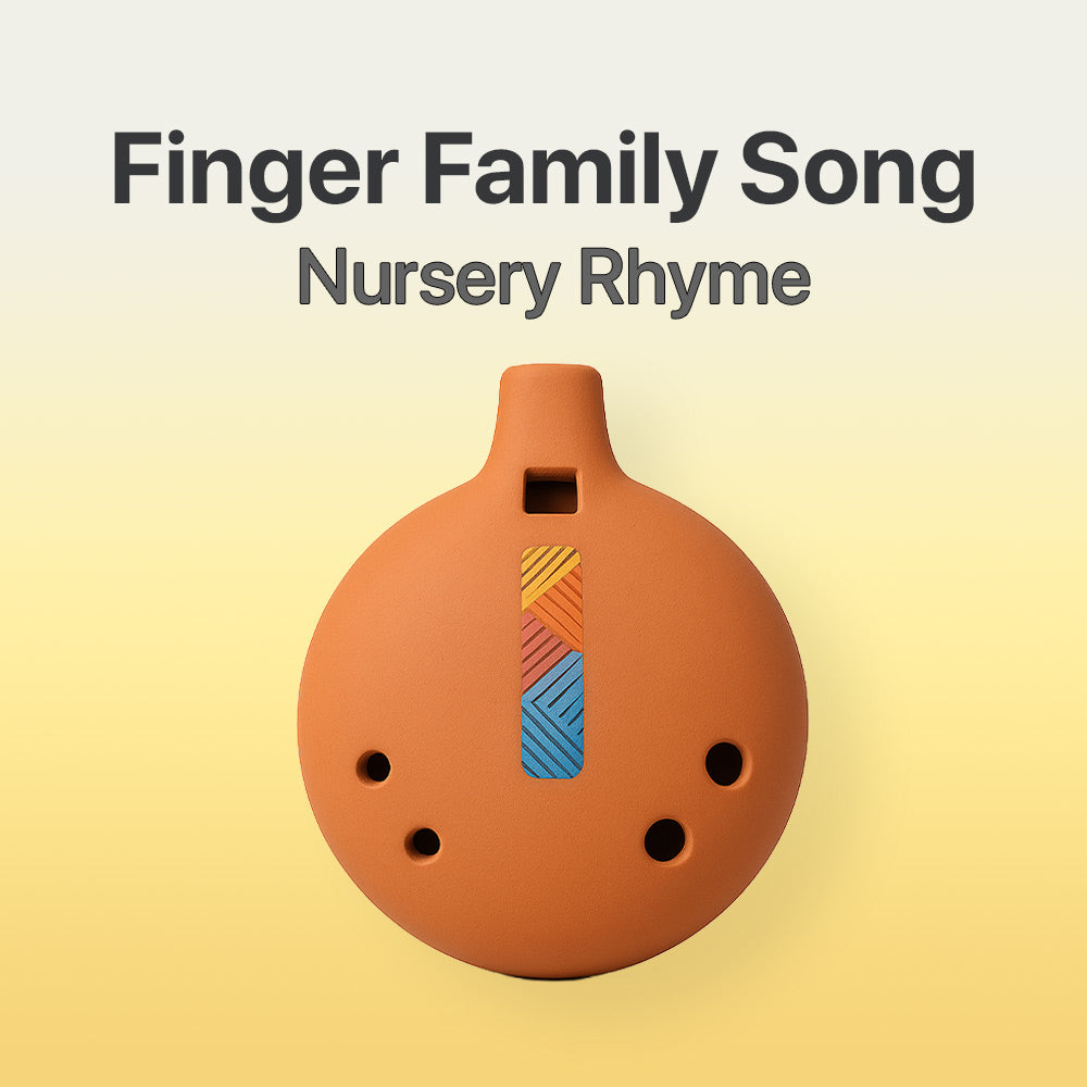 Terracotta-colored musical instrument with colorful design on a gradient background, featuring text 'Finger Family Song Nursery Rhyme'.