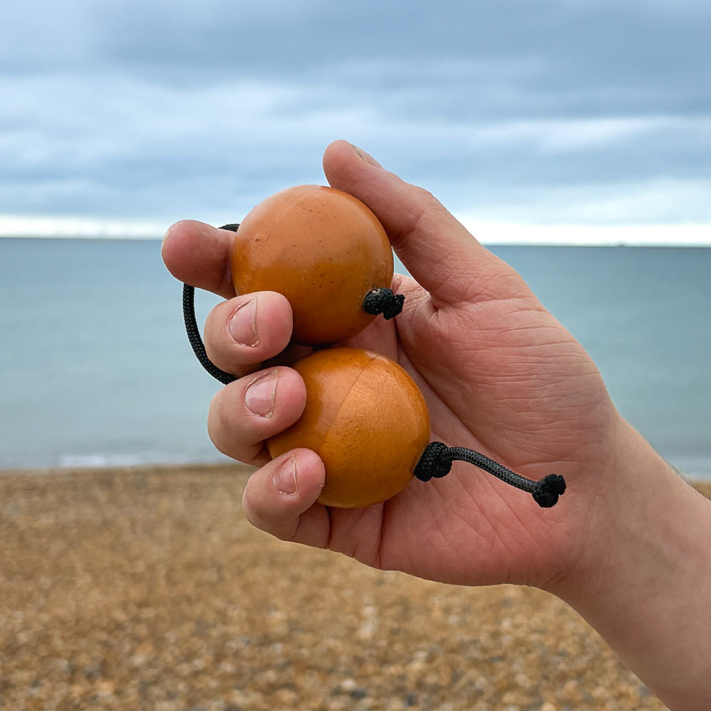 Hand holding wooden kashaka with a beach in the background