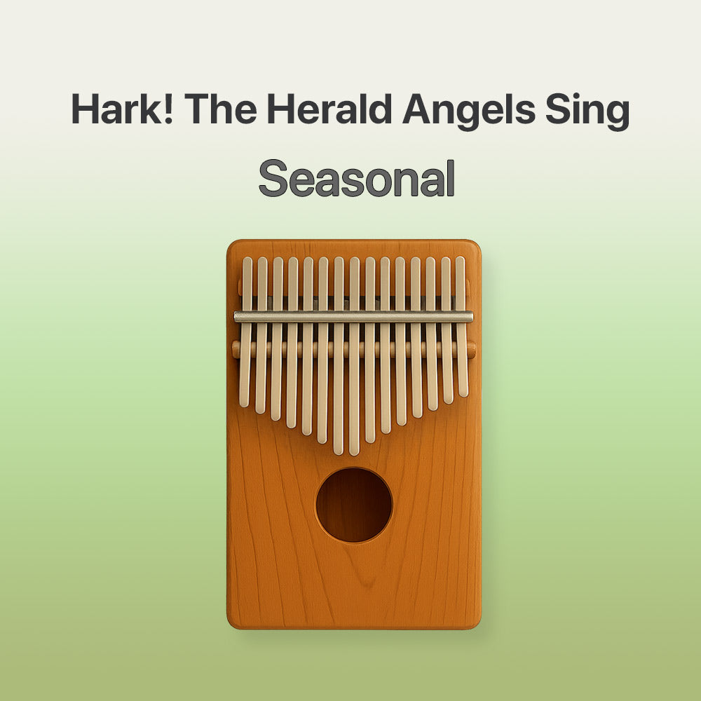Wooden kalimba on a light green background with text 'Hark! The Herald Angels Sing Seasonal'.