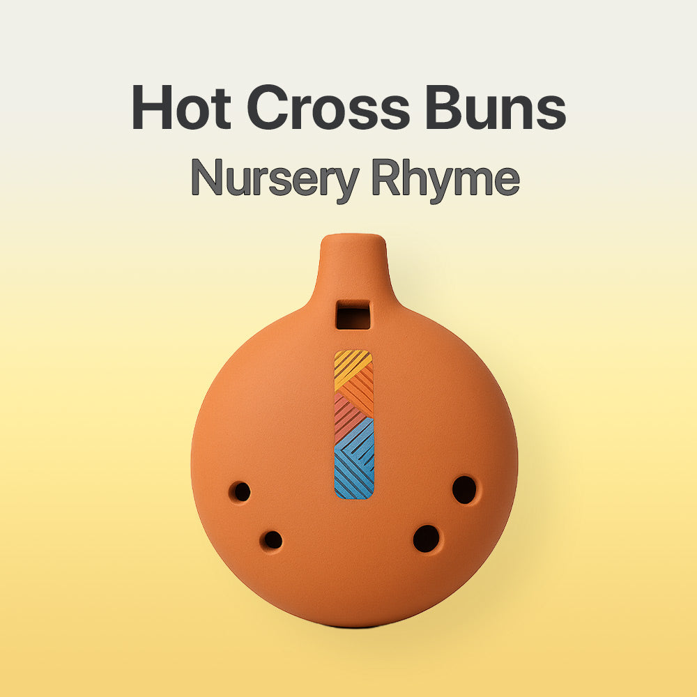 Terracotta ocarina with colorful design on a gradient background, featuring the text 'Hot Cross Buns Nursery Rhyme'.