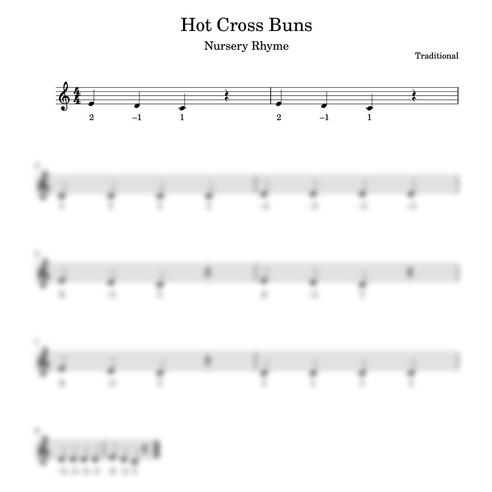 Sheet music for the nursery rhyme 'Hot Cross Buns' with traditional notation.