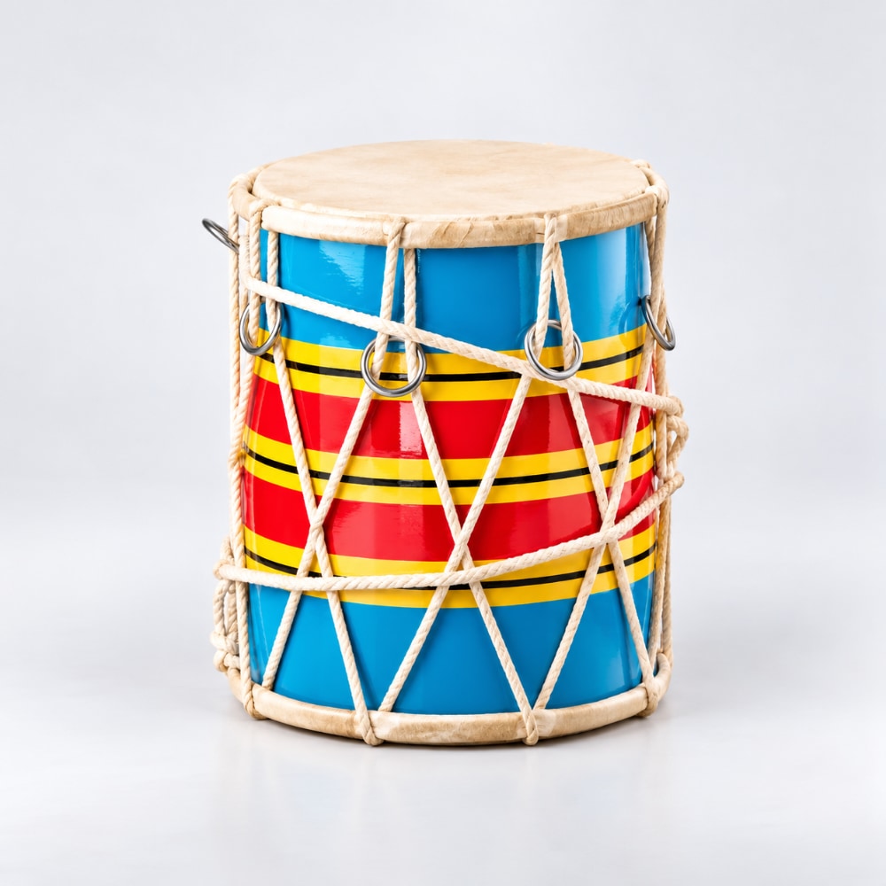 A hand-painted traditional drum with a blue body, red and yellow stripes, and a natural beige skin drumhead, wrapped in white cord with metal rings on a light gray background.