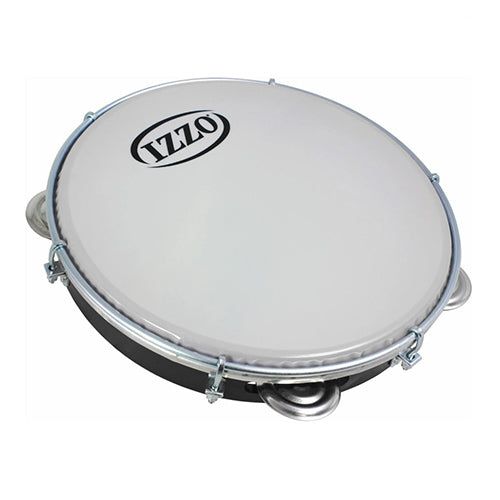 A Pandeiro Izzo Tambourine with a white skin, black frame, and silver jingles, featuring the Izzo logo.