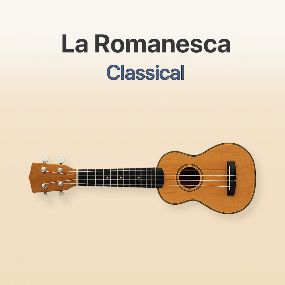 Wooden ukulele with 'La Romanesca Classical' text on a beige background