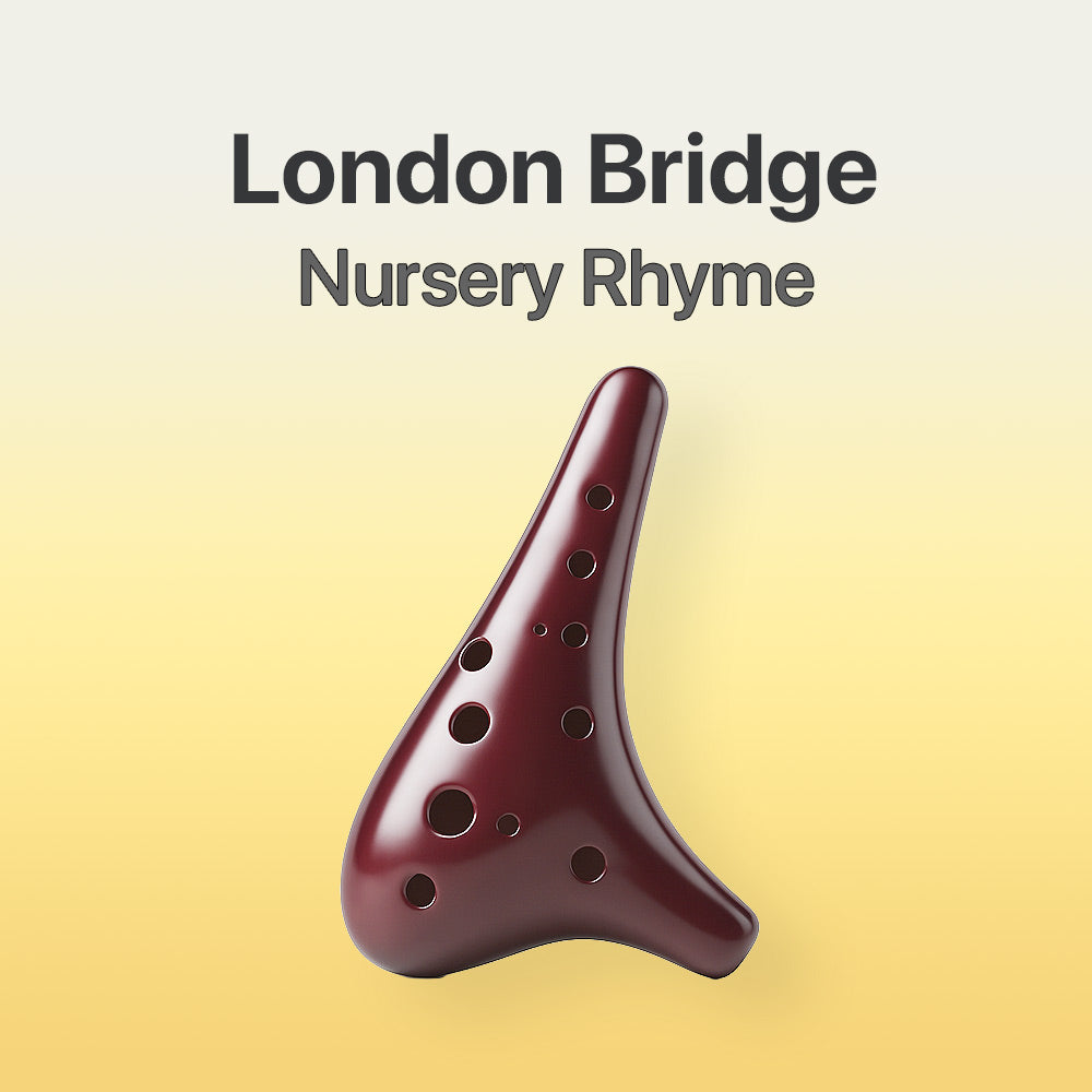 Wooden ocarina with 'London Bridge Nursery Rhyme' text on a gradient background