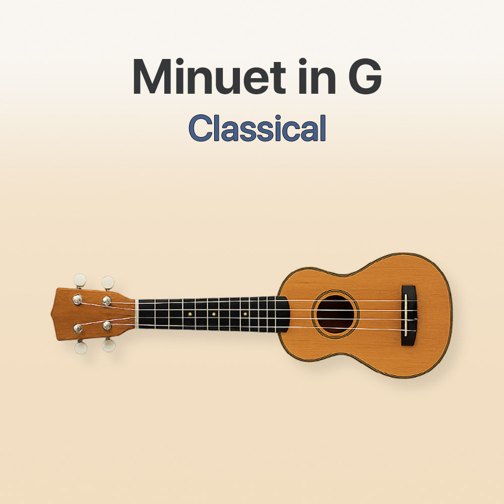 Wooden ukulele on a beige background with text 'Minuet in G Classical'.