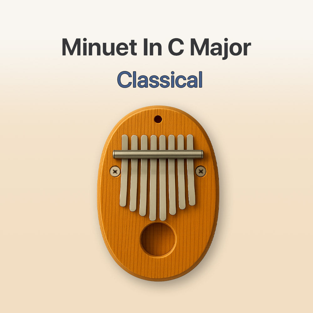 Wooden kalimba with metal tines on a beige background, labeled 'Minuet In C Major Classical'.