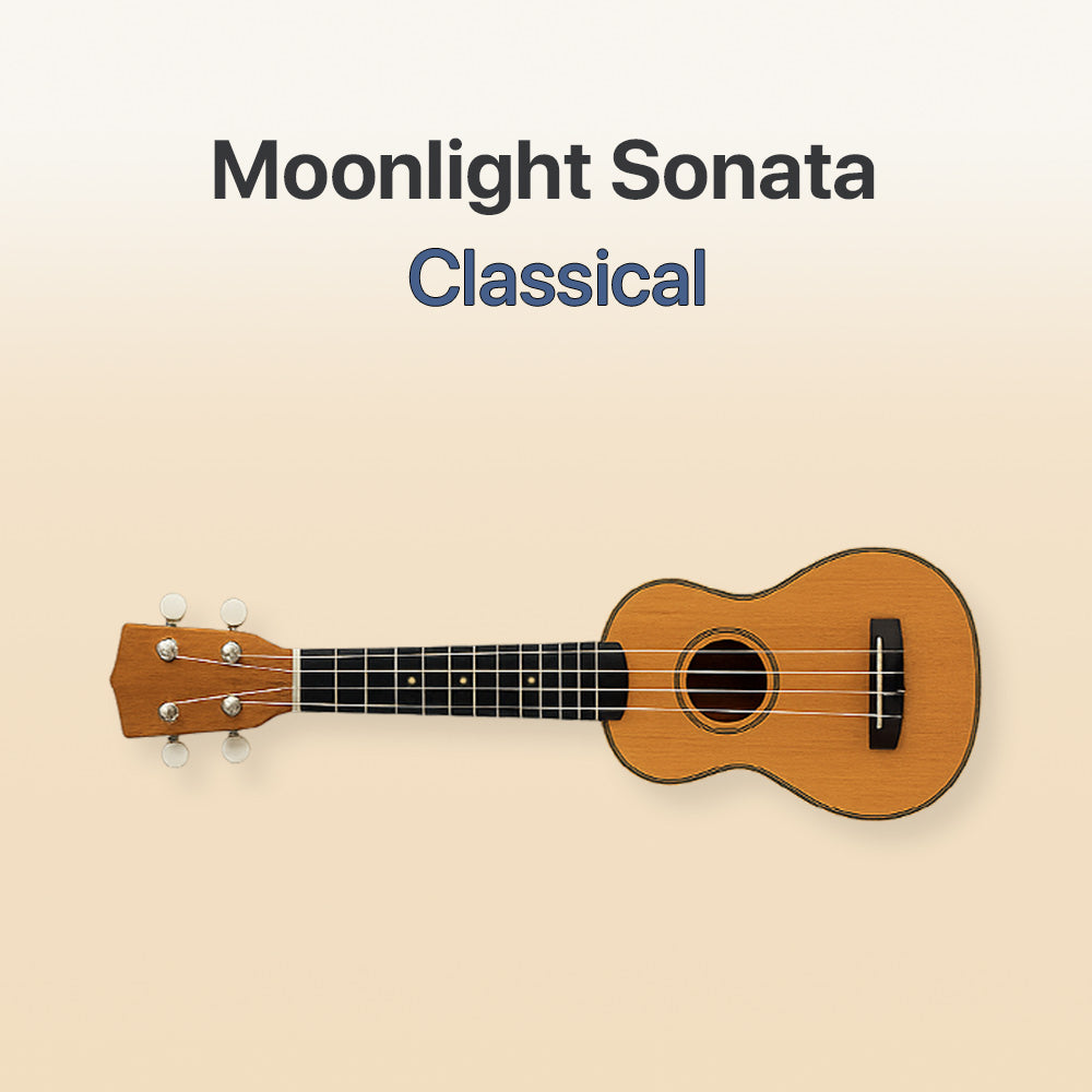 Wooden ukulele on a beige background with 'Moonlight Sonata Classical' text.