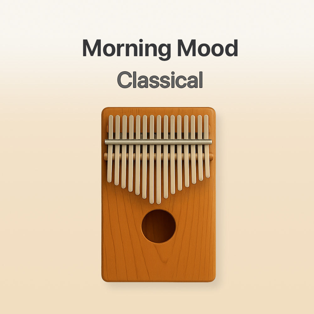 Wooden kalimba with metal tines on a beige background, labeled 'Morning Mood Classical'.
