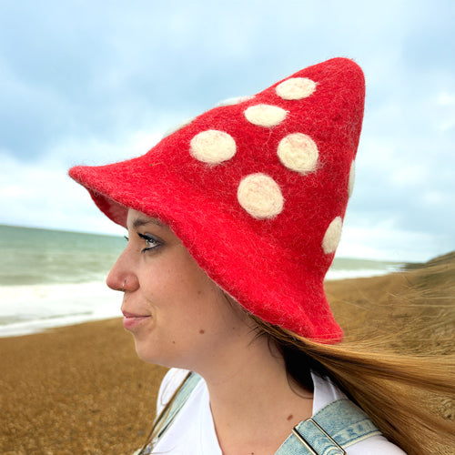 Person wearing a red mushroom-shaped hat with white spots on a beach