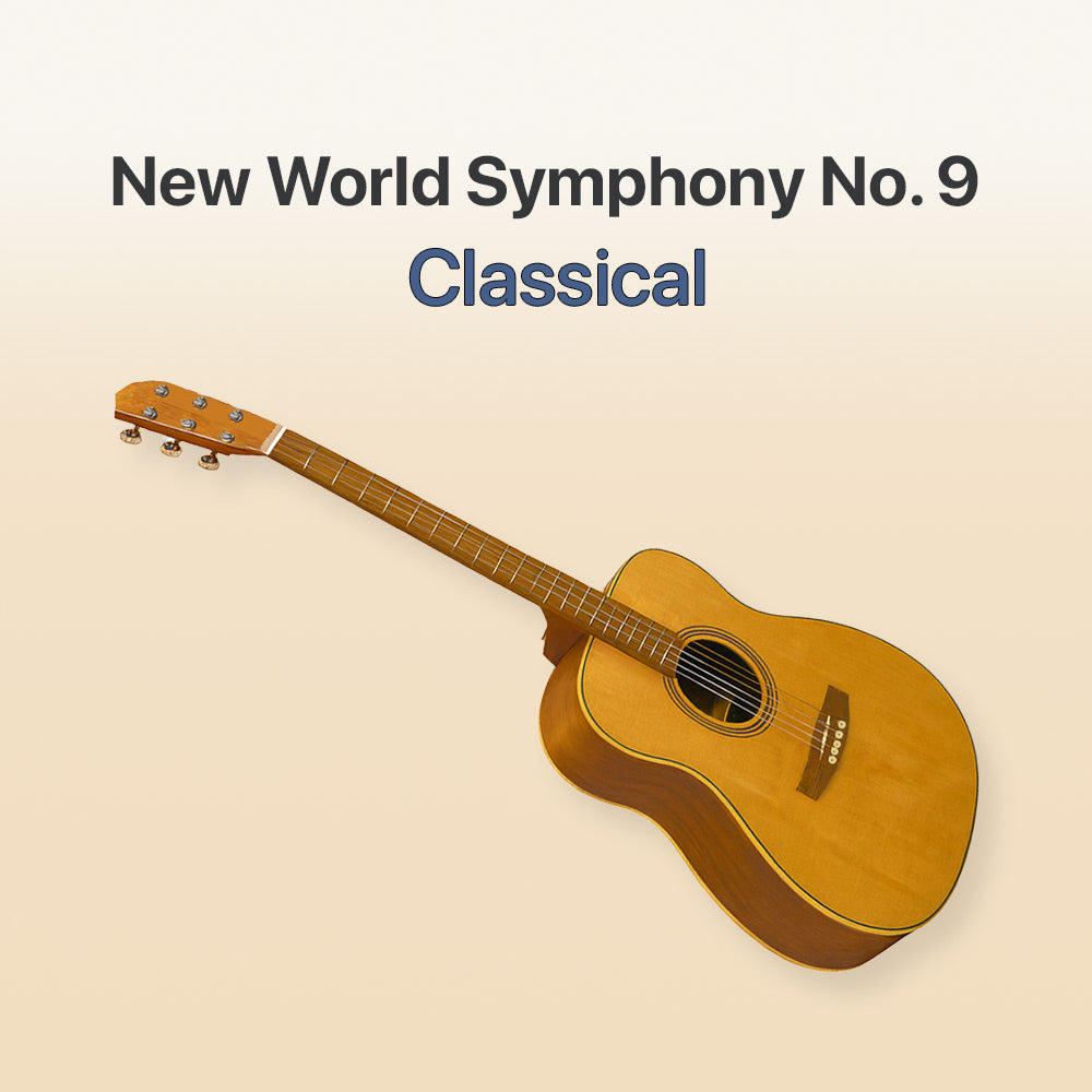 Acoustic guitar on a beige background with text 'New World Symphony No. 9 Classical'.