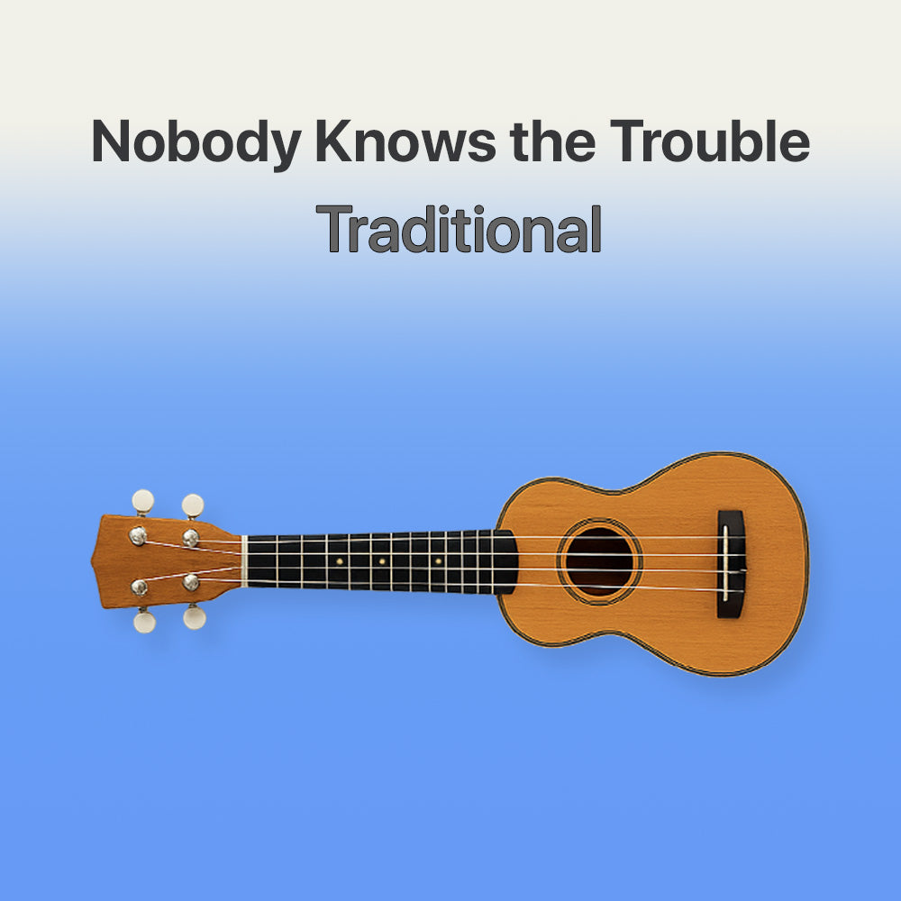 Wooden ukulele on a blue background with text 'Nobody Knows the Trouble Traditional'.