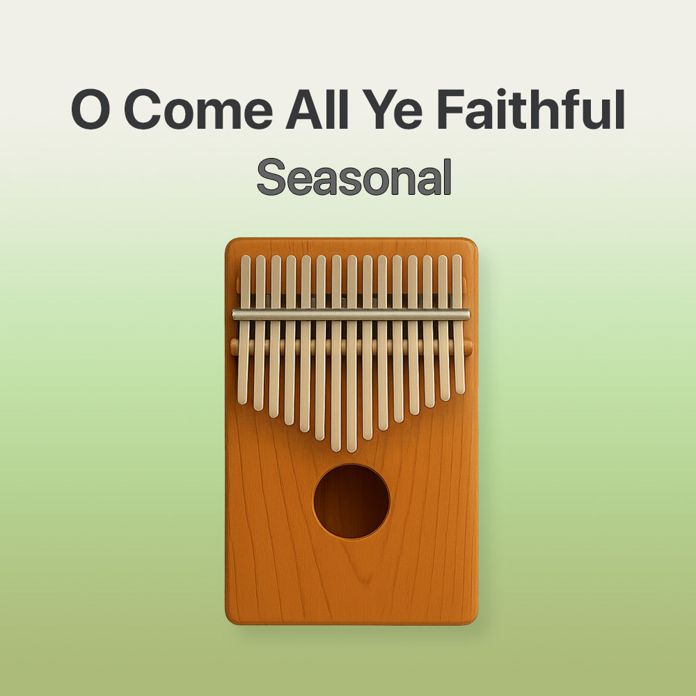 Wooden kalimba with 'O Come All Ye Faithful Seasonal' text on a light green background