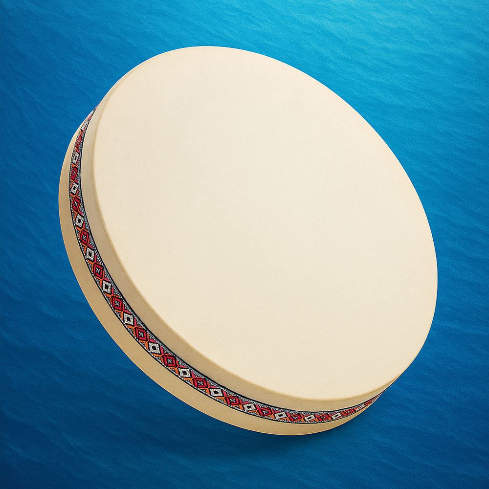 Beige drum with decorative rim on a blue background