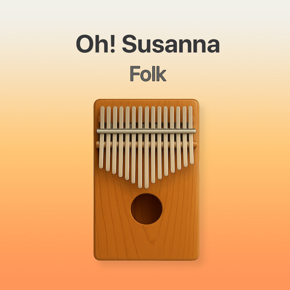 Wooden kalimba with metal tines on a gradient background, featuring the text 'Oh! Susanna Folk'.