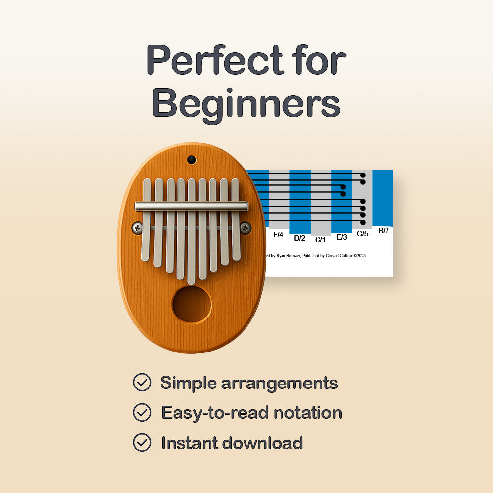 Wooden kalimba with music notation on a beige background, labeled 'Perfect for Beginners'.