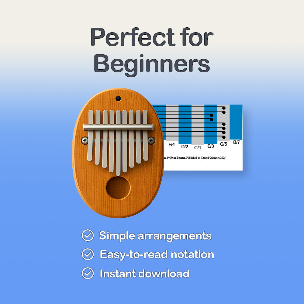 Wooden kalimba with music notation on a blue background