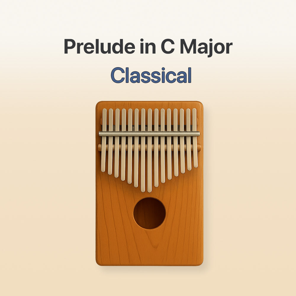 Wooden kalimba with metal tines on a beige background, labeled 'Prelude in C Major Classical'.