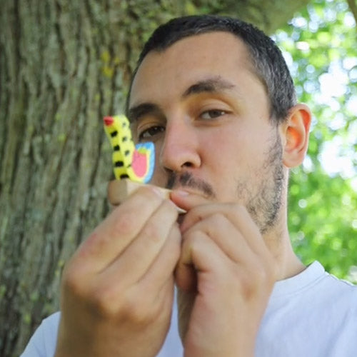 Small Mesari wooden whistle with hand-painted bird design sound demonstration