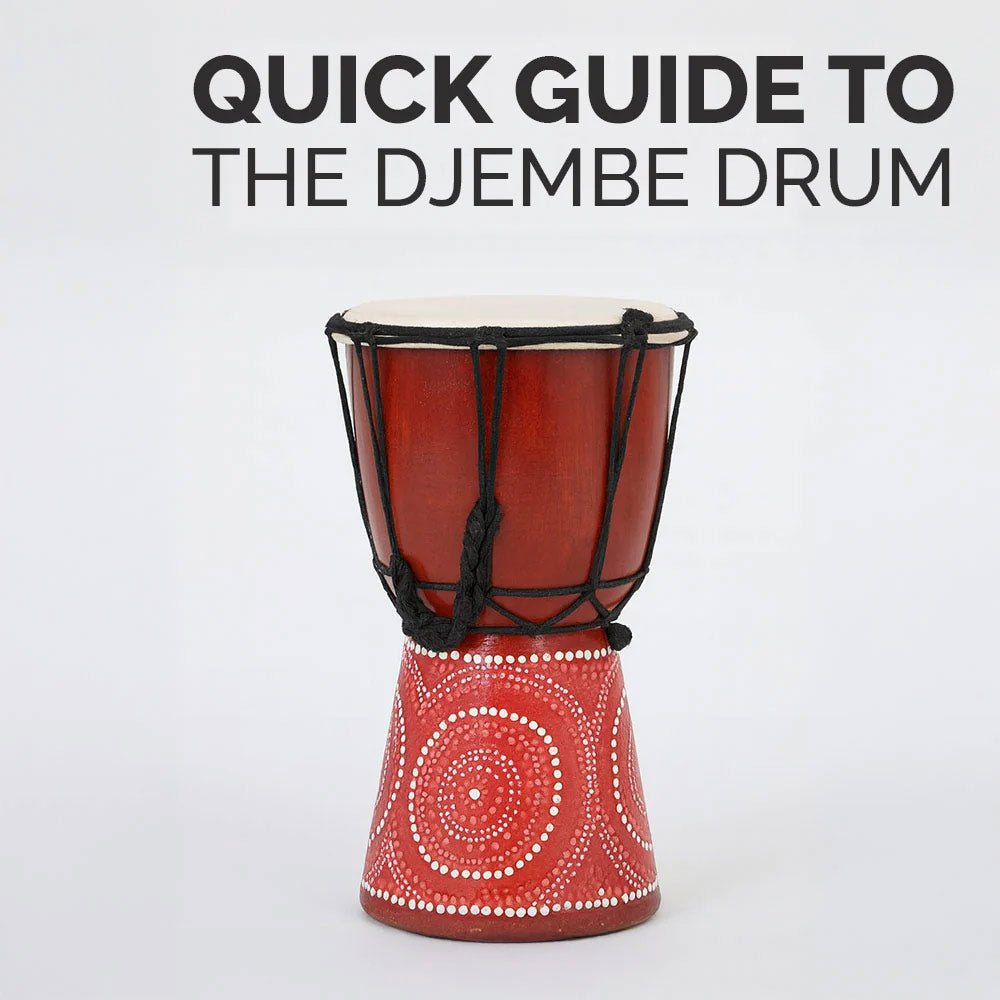Red djembe drum with white patterns on a light gray background, text 'Quick Guide to the Djembe Drum' above.