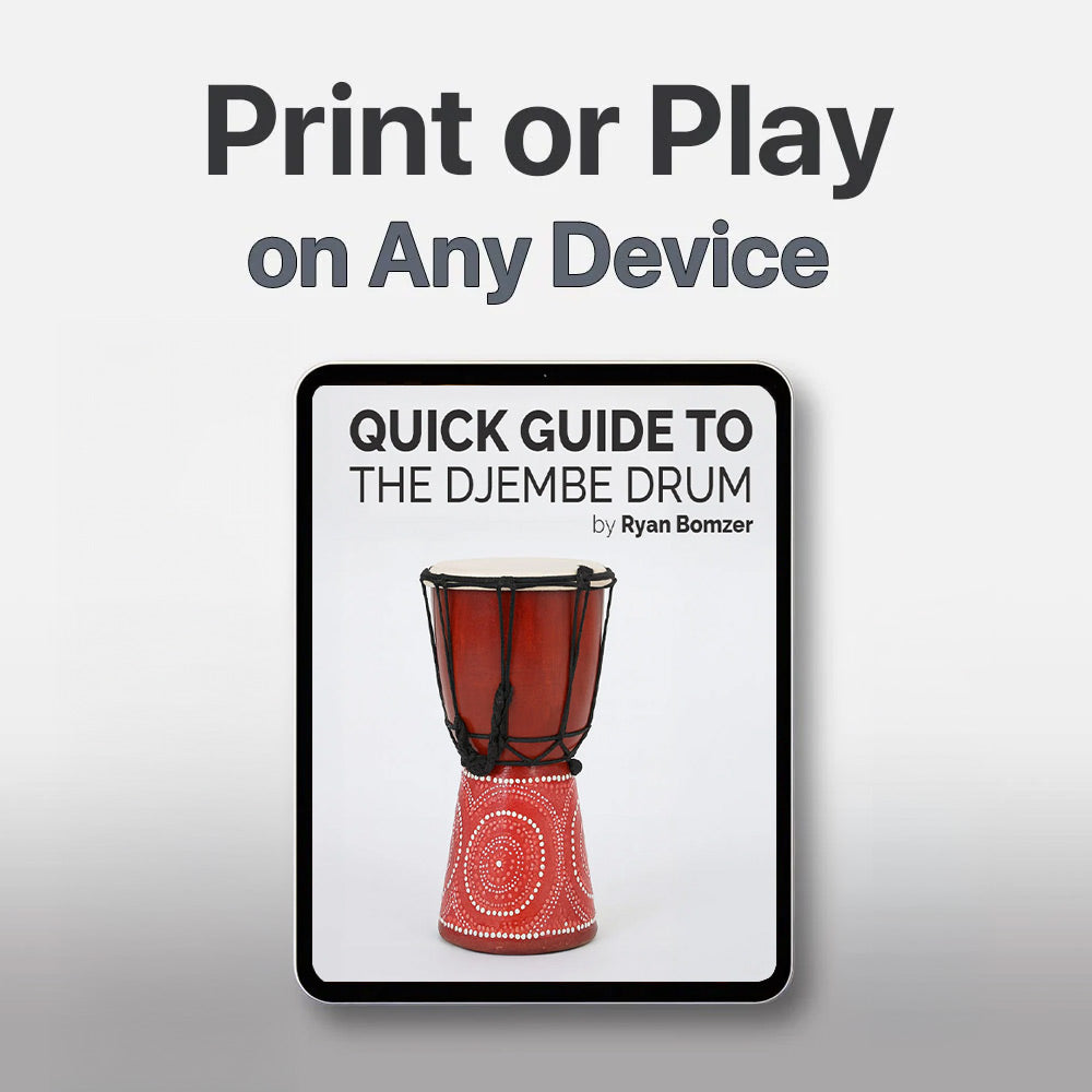 Quick guide to the djembe drum on a tablet screen with text 'Print or Play on Any Device'.