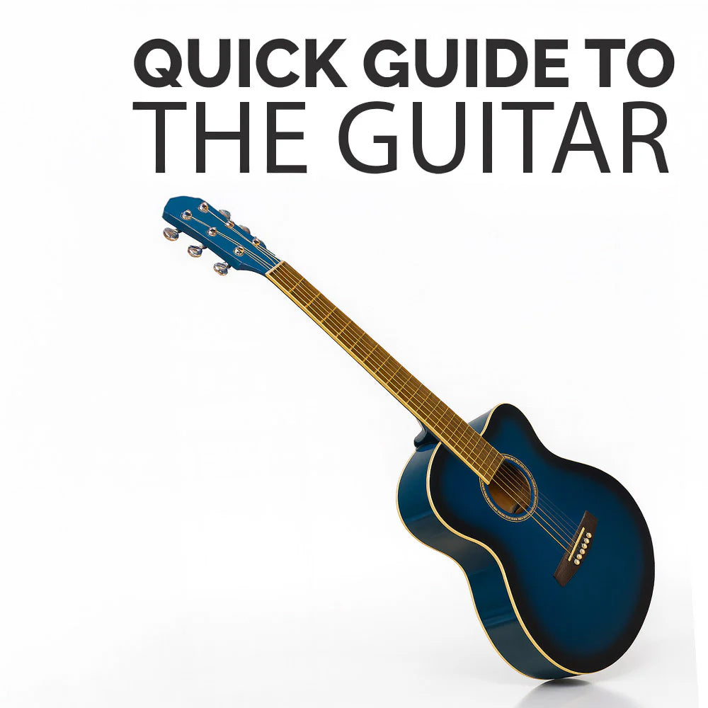 Blue acoustic guitar on a white background with text 'Quick Guide to the Guitar'.
