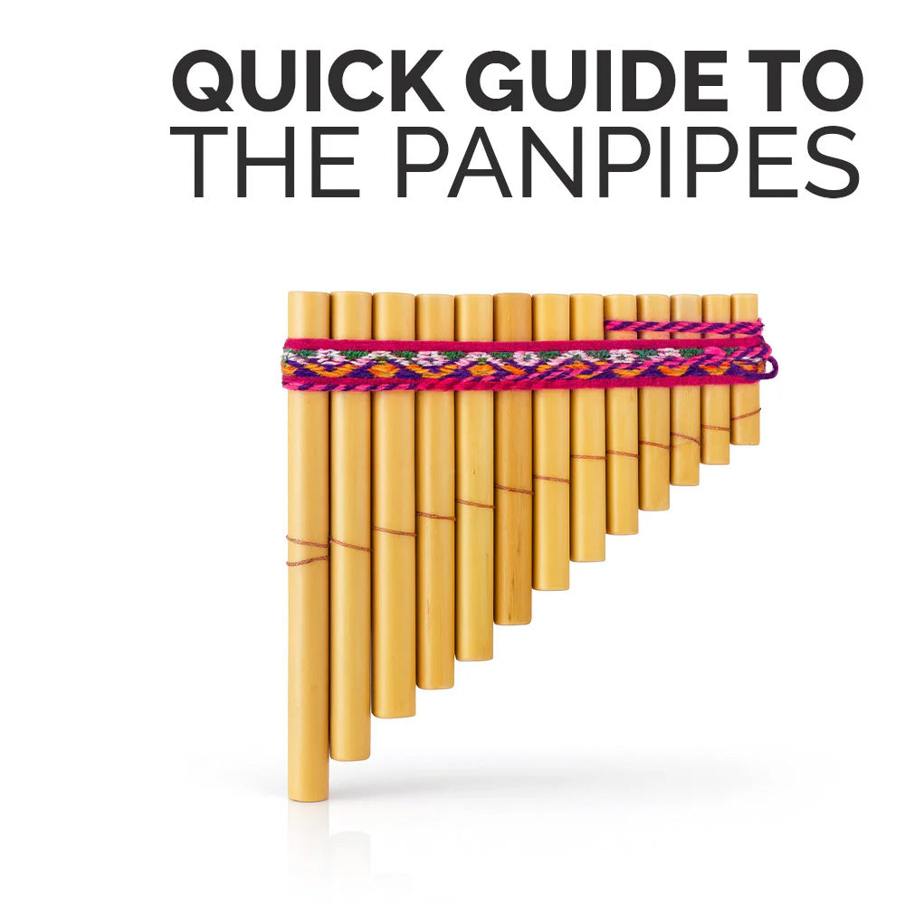 Panpipes with a colorful strap on a white background and text 'Quick Guide to the Panpipes'.